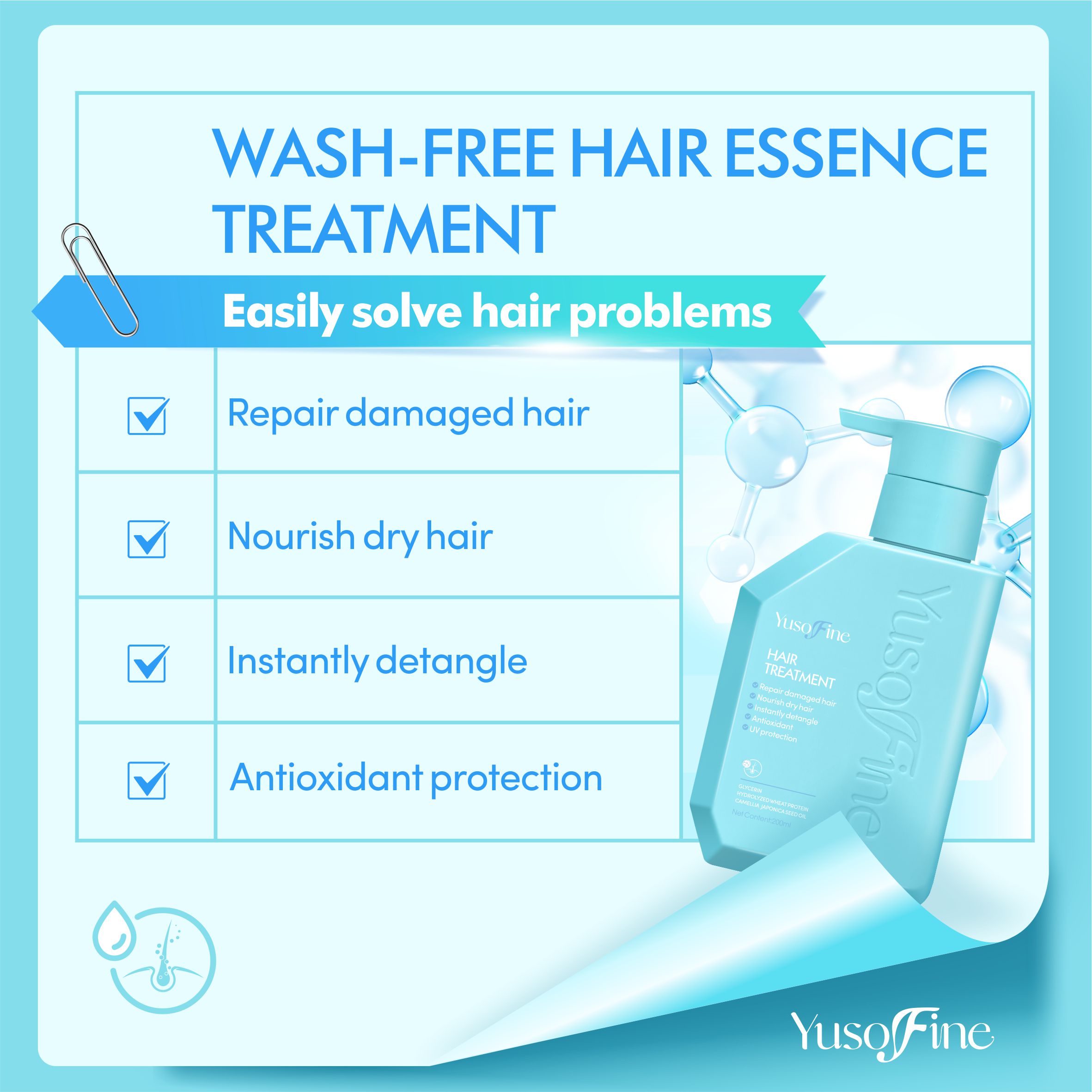 [Upgraded Version] Yusofine Hair Treatment Repair Damaged Hair Nourish Dry Hair Instantly Detangle Antioxidant Protection UV Protection 200ml Wash-Free Hair Serum Hair Mask