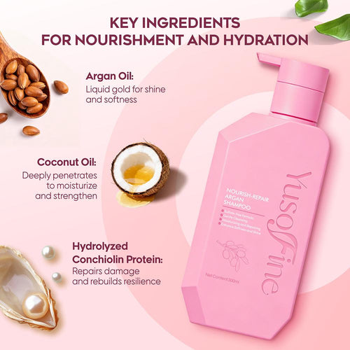 [Upgraded Version] Yusofine Nourish-Repair Argan Shampoo & Conditoner Coconut Oil Camellia Seed Oil Hydrolyzed Conchiolin Protein Hydration Shine SLES free SLS free