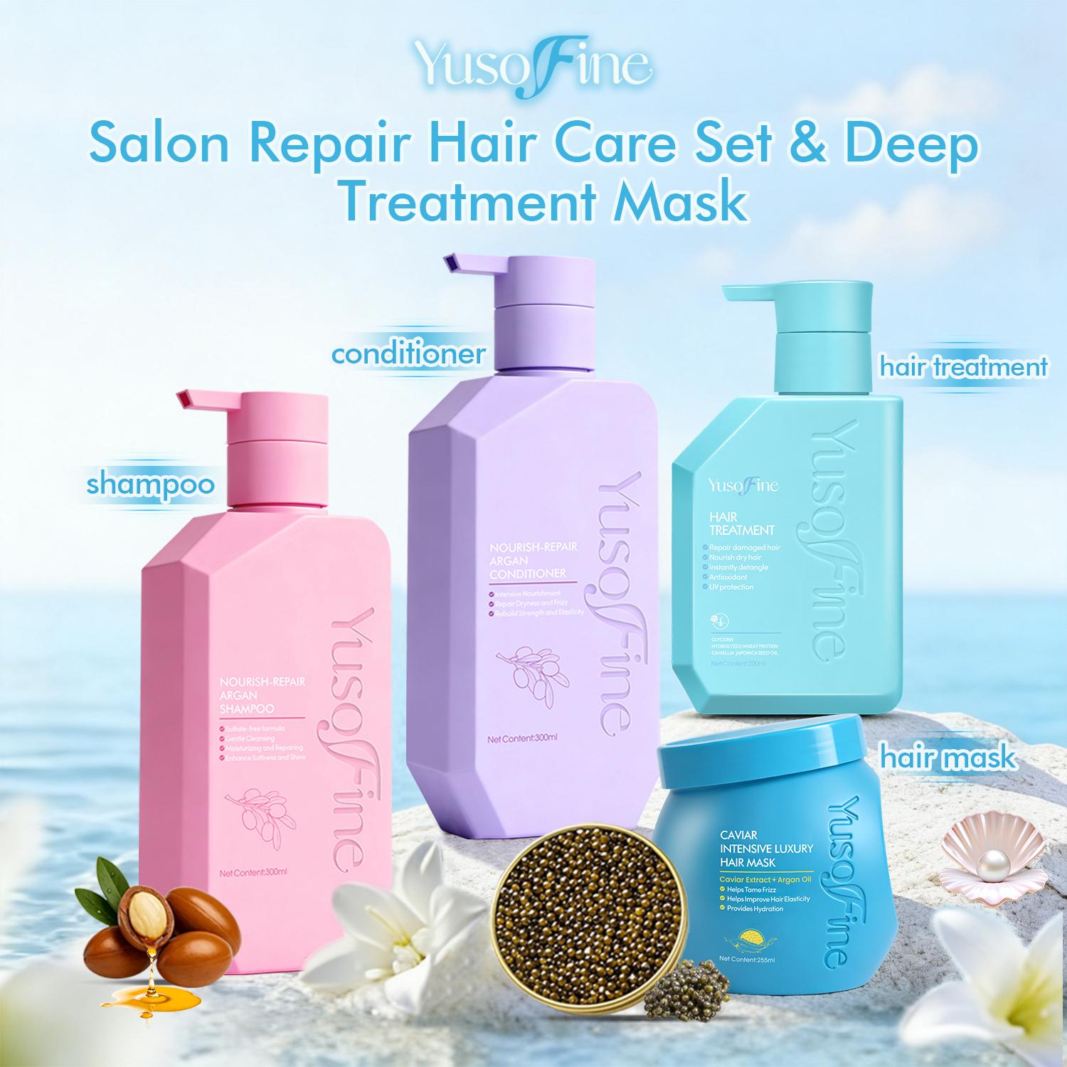[Hair Care Bundle] Yusofine Nourish-Repair Argan Shampoo + Conditioner + Hair Treatment/Hair Mask Caviar Extract Luxury Hair Care