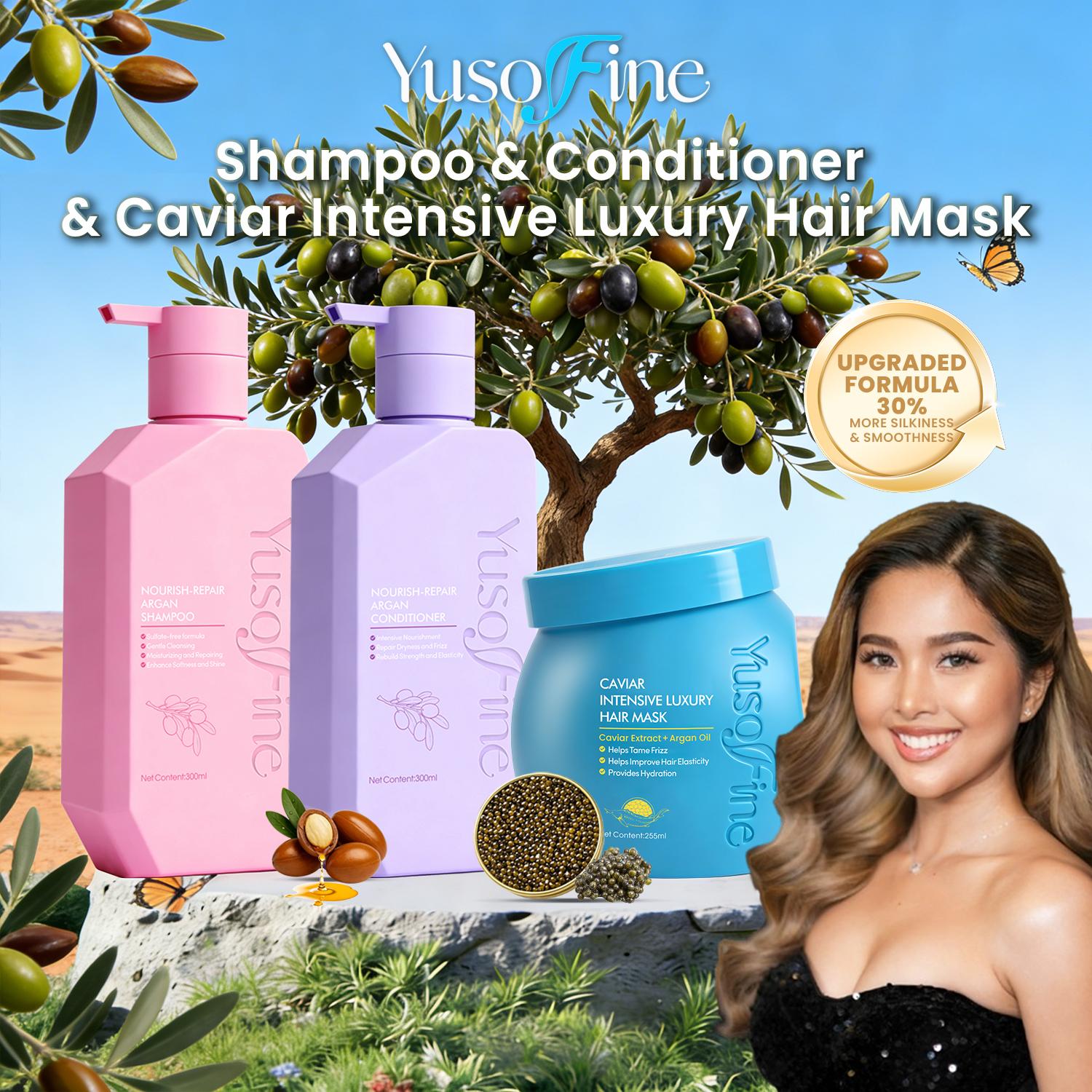[Hair Care Bundle] Yusofine Nourish-Repair Argan Shampoo + Conditioner + Hair Treatment/Hair Mask Caviar Extract Luxury Hair Care